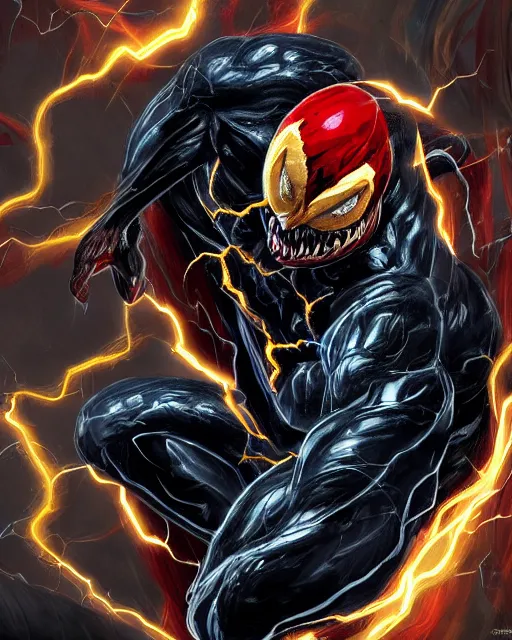 Image similar to venom as the flash, dynamic lighting, fantasy concept art, trending on art station, stunning visuals, creative, cinematic, ultra detailed, terrifying, black lightning, comic strip style