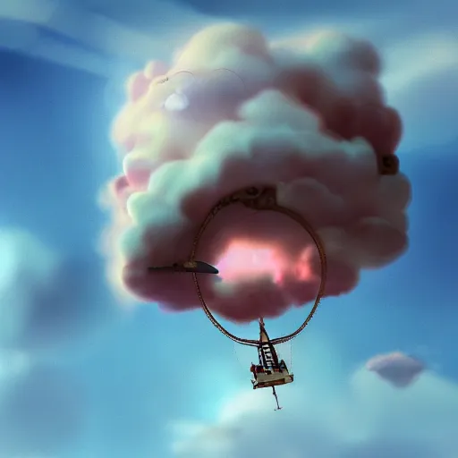 Image similar to Cloud Jumper, a steampunk world with a cute flying ship in fluffy pink clouds and soft light and floating islands in the distance, octane render, watercolor
