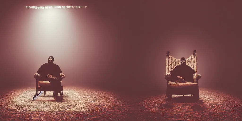 Image similar to photo style of nick fancher, portrait of silhouette of big black man sitting on throne, hazy foggy background and floor made of big curtains