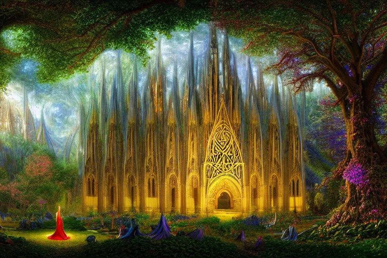 Prompt: a beautiful and highly detailed digital painting of an elven cathedral in a beautiful garden in a mystical forest, celtic, intricate psychedelic details, epic scale, insanely complex, cgsociety, 8 k, sharp focus, hyperrealism, by alex grey, caspar friedrich, albert bierstadt, james gurney, brian froud,