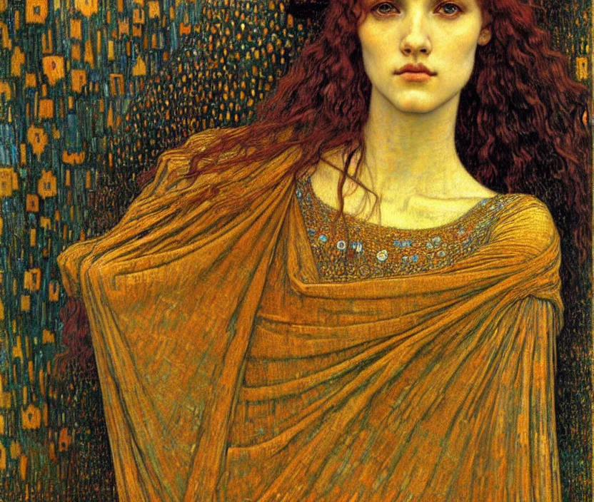 Image similar to detailed realistic beautiful young medieval queen face portrait by jean delville, gustav klimt and vincent van gogh, art nouveau, symbolist, visionary, gothic, pre - raphaelite, muted earthy colors, desaturated