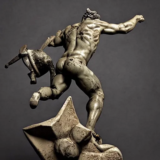 Prompt: Cult of Mithras, Roman marble statue of young man, muscled bodied, Mithras fighting a bull, epic, cinematic, dark, dystopian, battle damaged, in the style of Ashley Wood