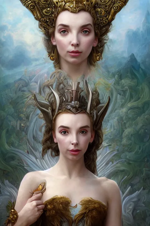 Image similar to A fantasy book style portrait painting of a hybrid Jodie Comer, Anya_Taylor-Joy as a Mystical Valkyrie Reptilian-Anubis Atlantean Warrior, François Boucher, Oil Painting, unreal 5, DAZ, hyperrealistic, octane render, Regal, Refined, Detailed Digital Art, RPG portrait, William-Adolphe Bouguereau, Michael Cheval, Walt Disney (1937), Steampunk, Volumetric Golden dappled dynamic lighting, Highly Detailed, Cinematic Lighting, Unreal Engine, 8k, HD