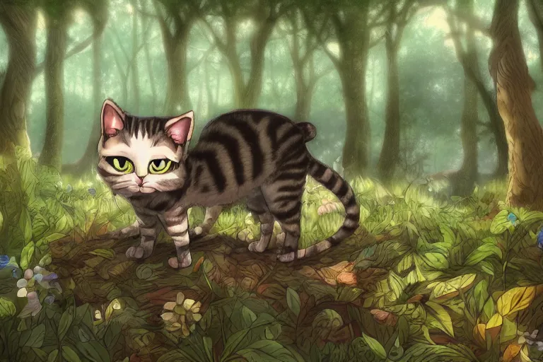 Image similar to a cat in a forest, highly detailed, digital art, trending on artstation, backlighting, by kawacy, by ken sugimori, fan art