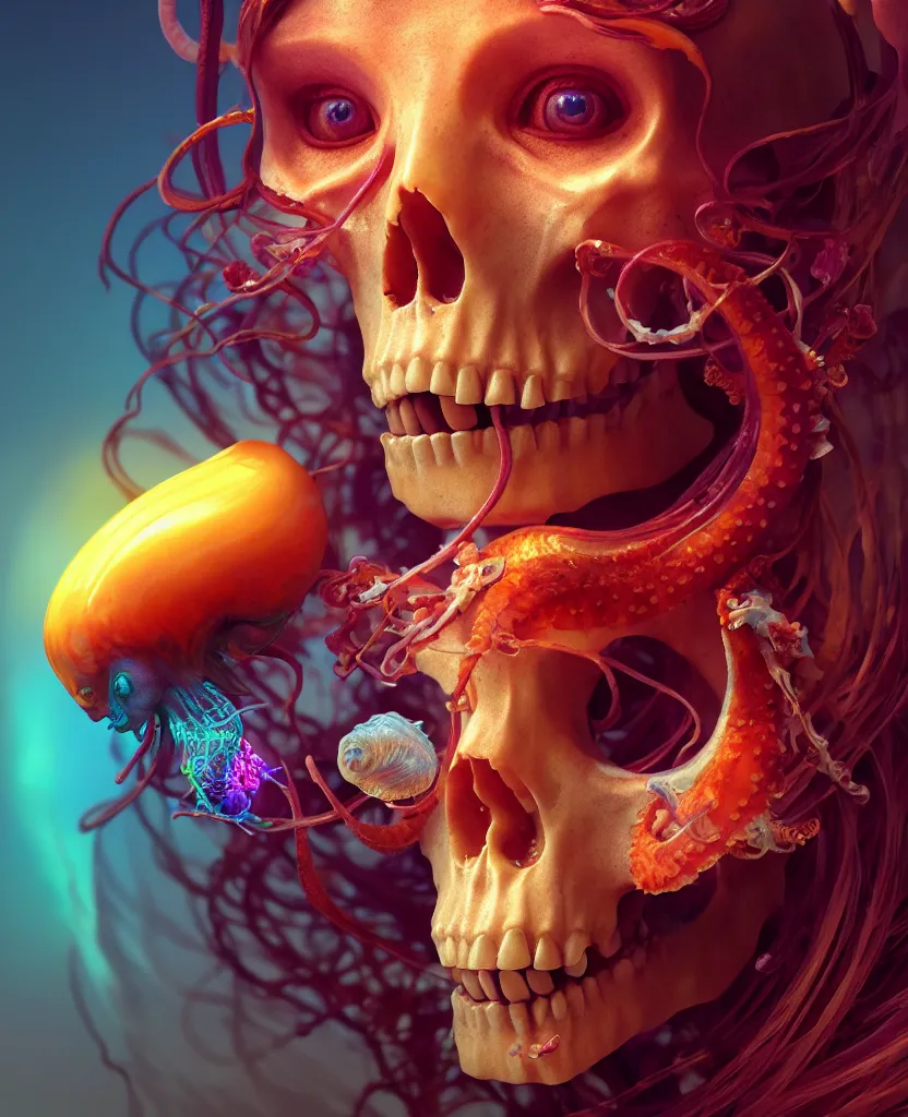 Image similar to goddess close - up portrait human skull, ram skull, squid phoenix jellyfish, orchid, betta fish, bioluminiscent, intricate artwork by tooth wu and wlop and beeple. octane render, trending on artstation, greg rutkowski very coherent symmetrical artwork. cinematic, hyper realism, high detail, octane render, 8 k