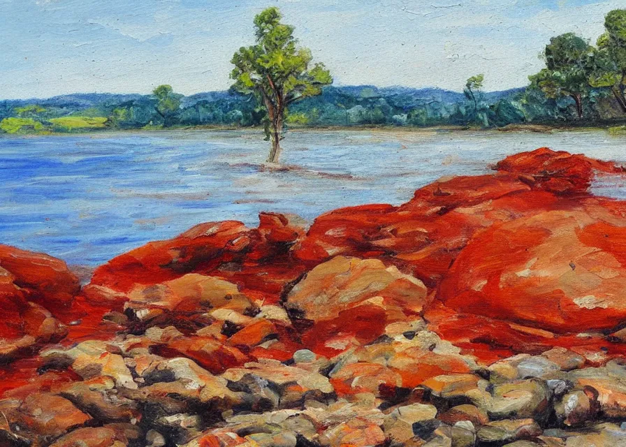 Prompt: red river with skull shaped pebbles on the shore surrounded by spikey trees, landscape, oil painting