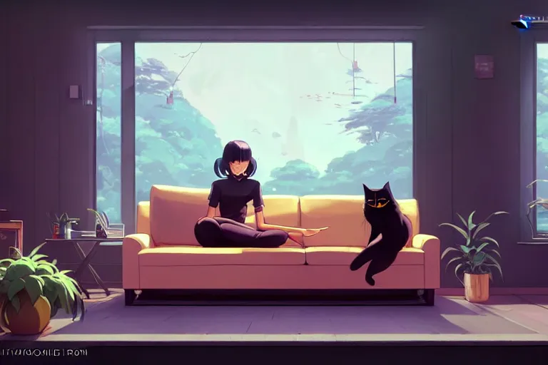 Image similar to a young woman sitting on a living room sofa playing xbox, a black cat is asleep next to her, wide angle shot from above, golden curve composition, animation portrait concept art, style of makoto shinkai, xision, james jean and peter mohrbacher, studio ghibli, artgerm, karol bak, dan mumford, 4 k hd, animation style