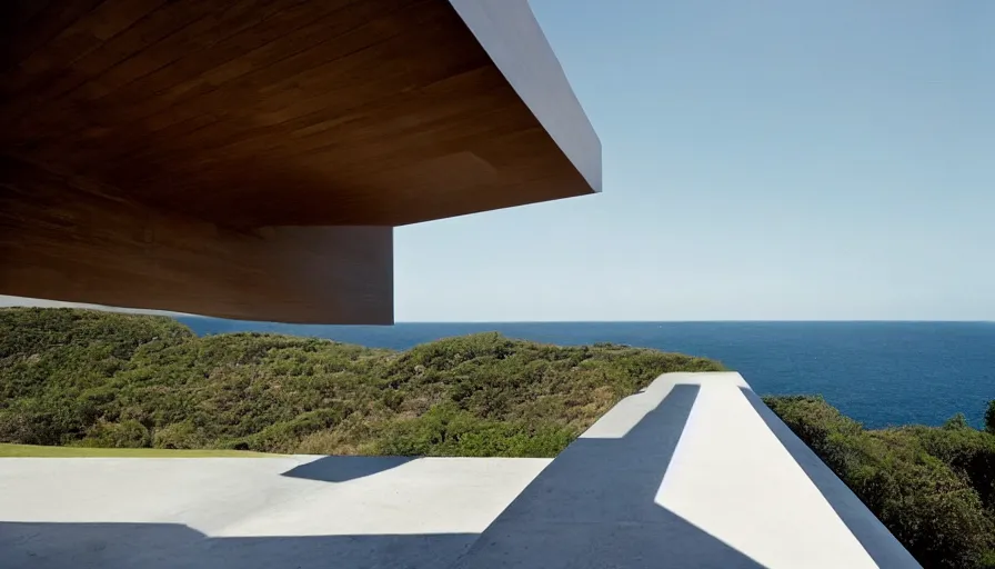 Prompt: modern house perched on a cliff overlooking a magnificient bay, drawing architecture, pritzker architecture prize, greig fraser