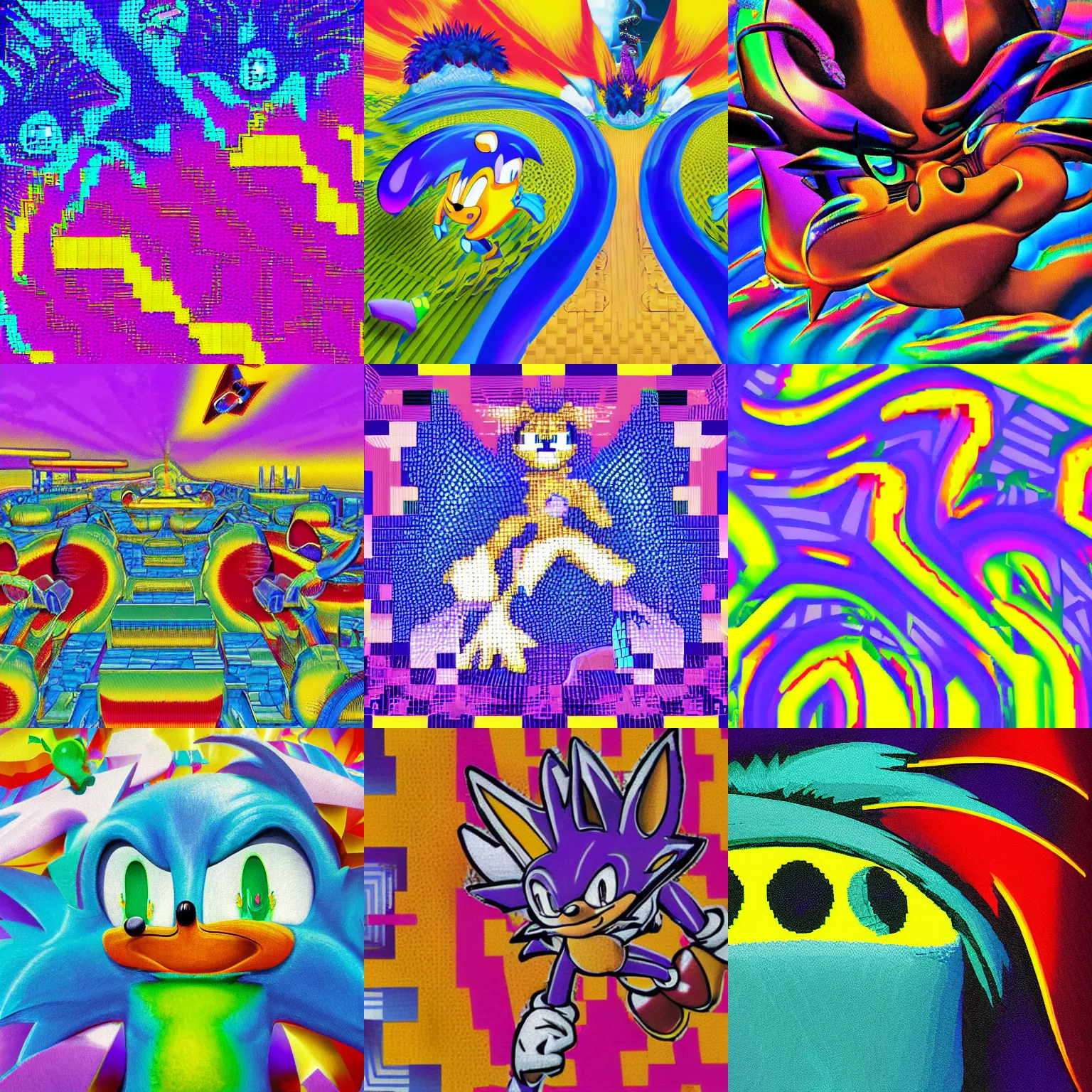 Prompt: closeup sonic portrait of a surreal, sharp, detailed professional, high quality airbrush vaporwave art MGMT album cover of a liquid dissolving LSD DMT sonic the hedgehog surfing through pixel lands, purple checkerboard background, 1990s 1992 Sega Genesis video game album cover sonic hedgehog