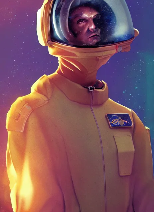 Image similar to ali g astronaut jumpsuit, helmet removed, the expanse, sci fi, futuristic, detailed illustration, digital art, trending on artstation, soft ambient lighting, volumetric lighting, rim lighting, yoshitaka amano, alphonse mucha, arney freytag, maxfield parrish, new art nouveau