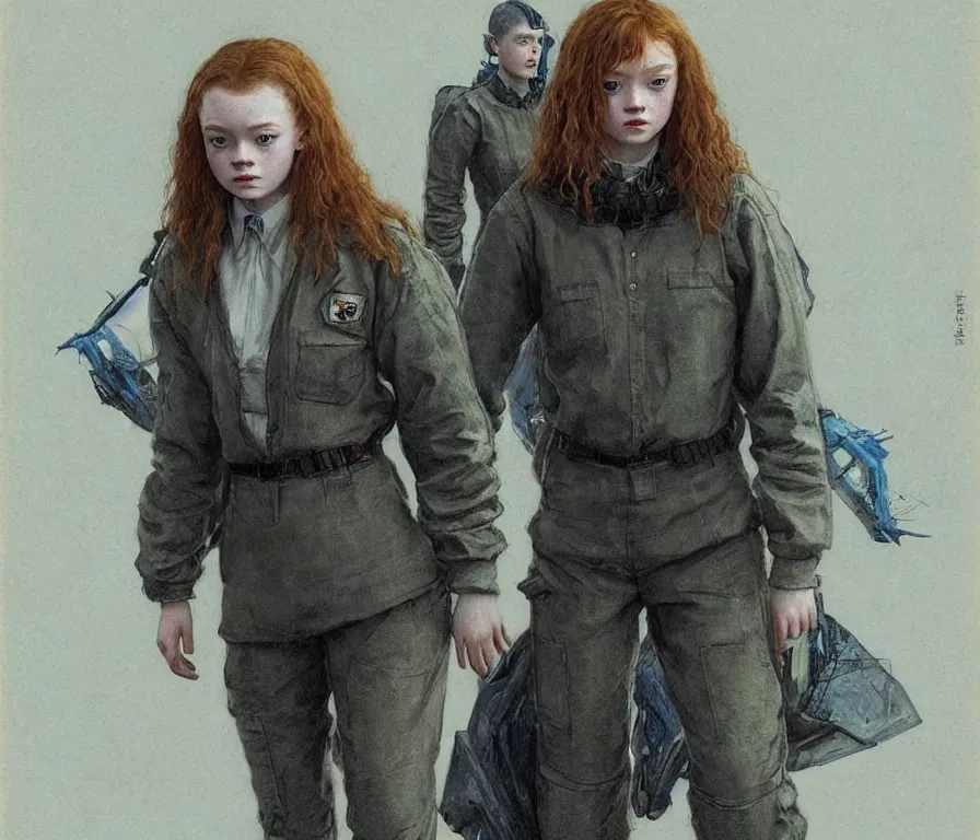 Image similar to sadie sink dressed in oversized school uniform : costume concept for a scifi cyberpunk film. by greg rutkowski, greg staples, elsa beskow, gustave courbet, rosa bonheur. sharp focus, cinematic atmosphere, detailed and intricate, perfect anatomy