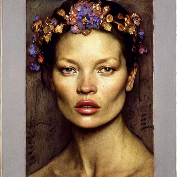 Image similar to Kate moss by Annie Swynnerton and Nicholas Roerich and Vermeer, strong dramatic cinematic lighting, ornate headdress, lost civilizations, smooth, sharp focus, extremely detailed