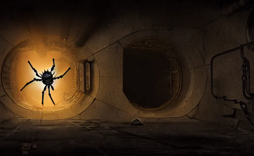 Image similar to mechanical spider in a large dimly lit sewer, ultra detailed digital art, fine drawing, hyper real, 4 k, moody lighting, warm colors