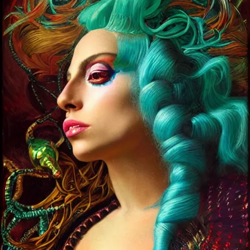 Image similar to lady gaga artpop act ii album, intricate detail, hyper detail, gaston bussiere, sandro botticelli style, with neon aqua rapunzel dreadlocks, detailed, masterpiece, sharp focus,