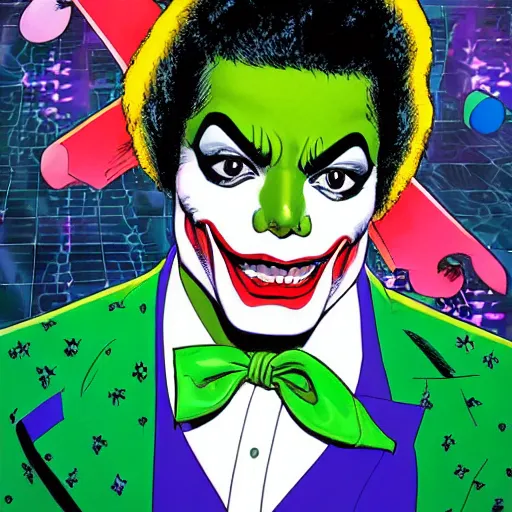 Image similar to dynamic macro head portrait of beautifu michael jackson as the joker in white sequined jacket by john romita sr and cory walker and ryan ottley and jack kirby and barry windsor - smith, comic, illustration, photo real
