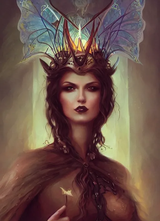 Image similar to tarot!!, fairy queen, fantasy medieval, no noise, elegant, concept art, sharp focus, beautiful face!!, digital art, smooth defined outlines!!, by Brom, trending on Artstation, Tom Bagshaw, Sargent