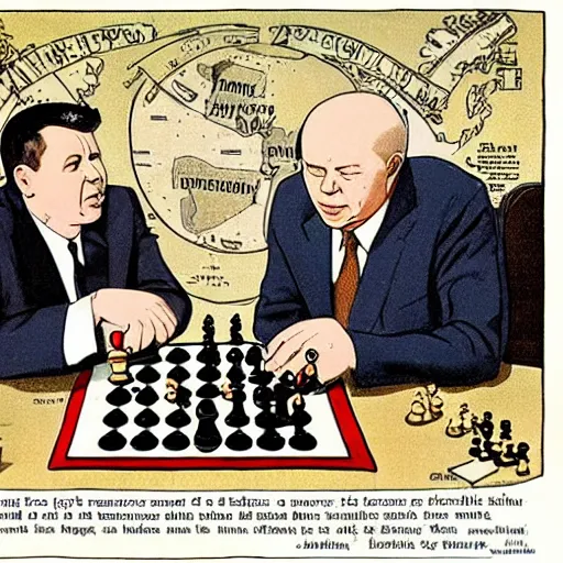 Image similar to John F. Kennedy and Nikita Khrushchev playing chess with nuclear weapons on a world map, punch cartoon