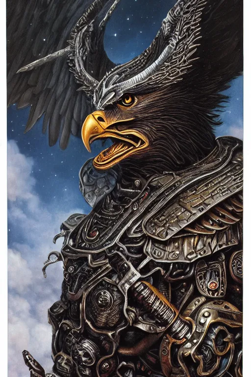 Image similar to sideview waist up portrait of eagle wear baphomet armor made with porcelain by jeff easley and peter elson, beautiful eyes and face, symmetry face, galaxy, gothic, surreal, dread, highly detailed, intricate complexity, epic composition, magical atmosphere, masterpiece, award winning, trending on artstation