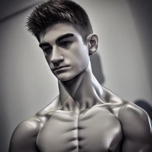 Image similar to “a realistic detailed photo of a guy who is an attractive humanoid who is half robot and half humanoid, who is a male android, twitch streamer Ninja Tyler Blevins, shiny skin, posing like a statue, blank stare”