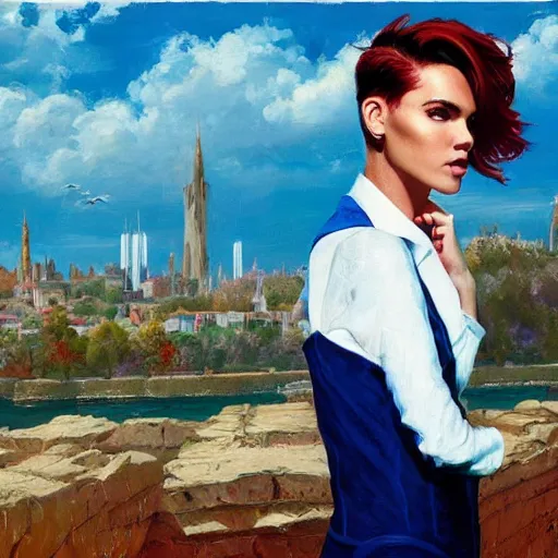 Prompt: Ruby Rose with messy spiked auburn hair and tufted ears and dressed in a blue men's suit with a yellow tie and white shirt, standing on a stone bridge with a fantasy city of tall stone towers in the background, oil painting in the style of Alex Ross