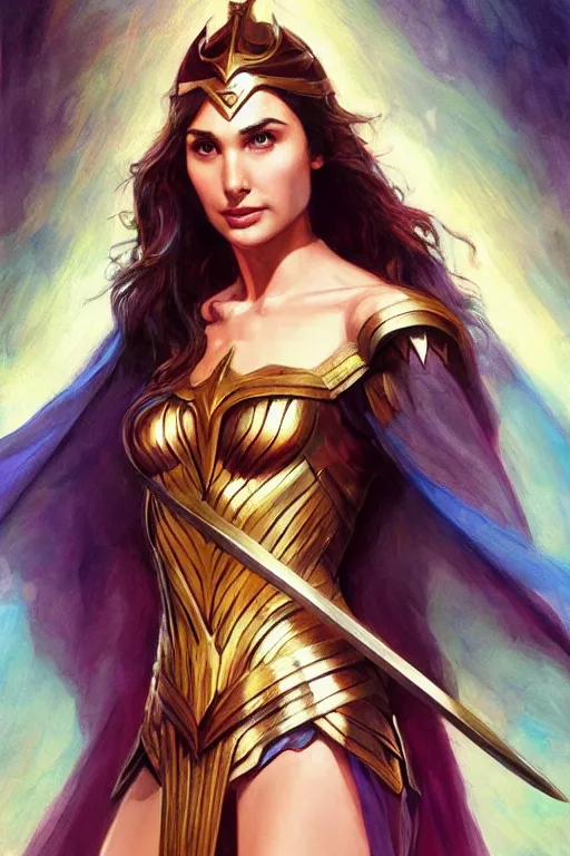 Prompt: Portrait of Gal Gadot as king Arthur from Fate Stay Night, bright colors, elegant, vibrant, fantasy, intricate, smooth, artstation, painted by edgar maxence, greg rutowski, ross tran, artgerm