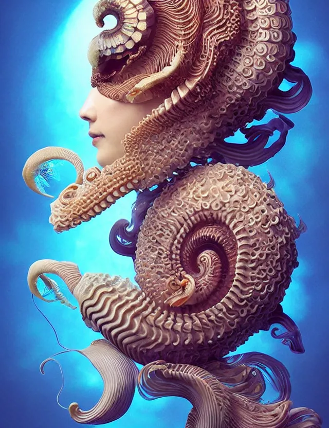 Image similar to 3 d goddess nautilus half - turn portrait with long hair with ram skull. beautiful intricately detailed japanese crow kitsune mask and clasical japanese kimono. betta fish, jellyfish phoenix, bio luminescent, plasma, ice, water, wind, creature, artwork by tooth wu and wlop and beeple and greg rutkowski