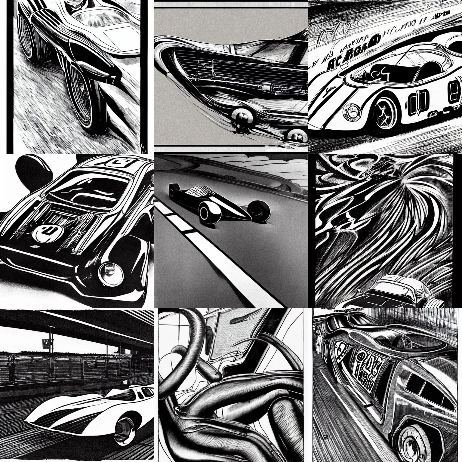 Prompt: 1960's race car, black and white, art by Giger, style of red line anime movie