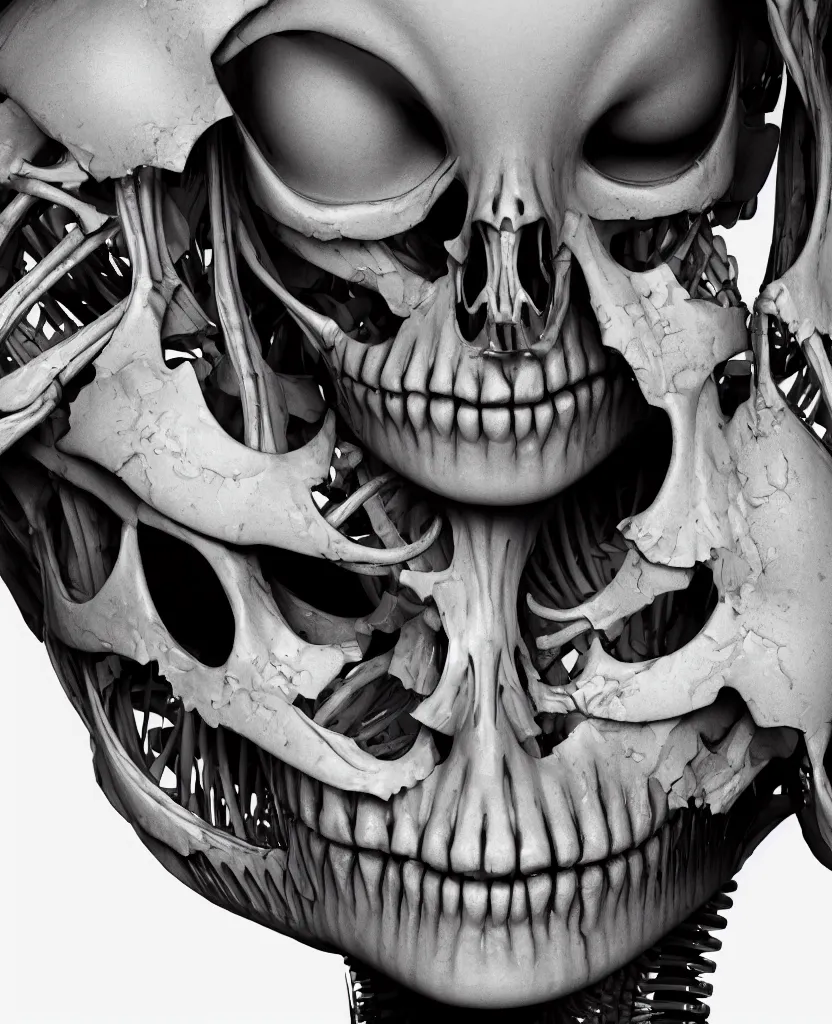 Prompt: close-up macro portrait of the face of a beautiful fashion girl with makeup, epic angle and pose, ribcage skeleton symmetrical artwork, 3d with depth of field, blurred background, cybernetic machine female face, translucent, nautilus, energy flows of love and hate, a highly detailed epic cinematic concept art CG render. made in Maya, Blender and Photoshop, octane render, excellent composition, cinematic dystopian brutalist atmosphere, dynamic dramatic cinematic lighting, aesthetic, very inspirational, arthouse, Greg Rutkowski, Ilya Kuvshinov, WLOP, Stanley Artgerm Lau, Ruan Jia and Fenghua Zhong