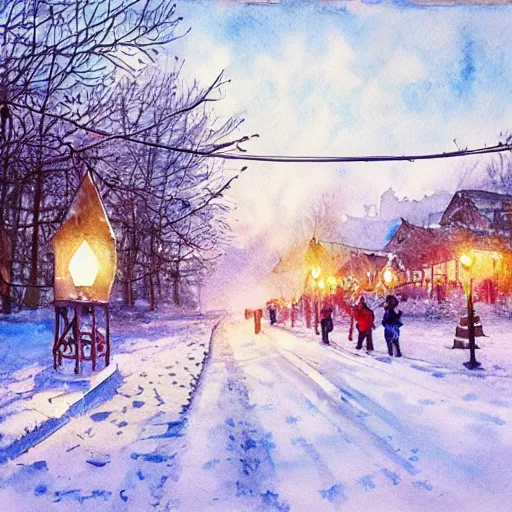 Image similar to water color on paper, winter wonderland, highly detailed, artstation, masterpiece, award - winning,