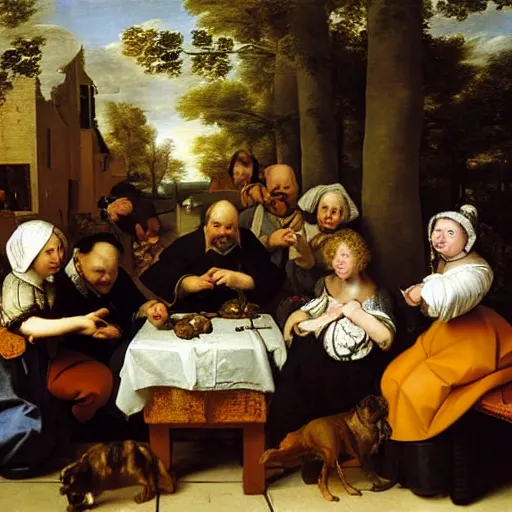 Prompt: a painting of a group of people and a dog, a flemish baroque by jan steen, trending on flickr, pre - raphaelitism, dutch golden age, flemish baroque, rococo