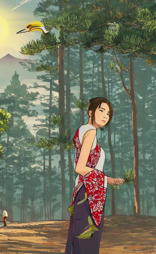 Prompt: gta5, girl next to a japanese crane bird in japanese pines, trading card front, kimono, realistic anatomy, concept art, by studio ghibli, anime style, sun in the background