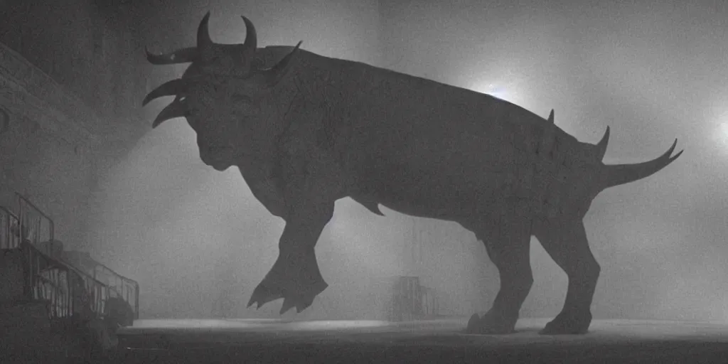 Prompt: light coming out of one bull - like kaiju starfish monster, korean film noir, korean traditional palace, pyongyang city, 1 9 6 0 s, red color bleed, 4 k, video compression, video glitch, monochrome, akira kurosawa