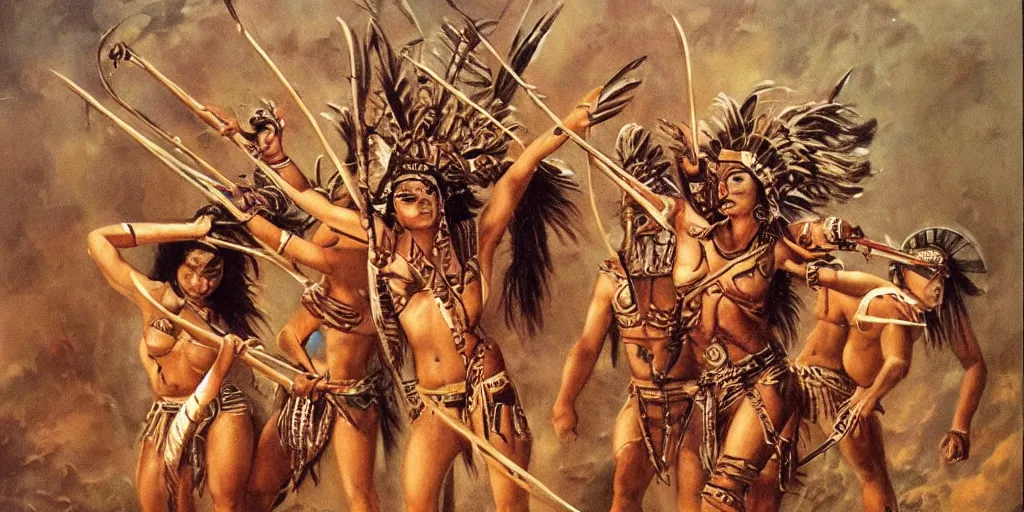 Image similar to movie, powerful beautiful aztec and Amazonian warrior female tribes attack each other,bows and arrows, spears, epic, vintage, Boris vallejo, sepia, apocalypto