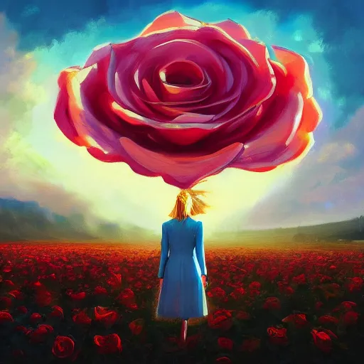 Image similar to closeup, giant rose flower over head, frontal, girl in a suit, surreal photography, sunrise, blue sky, dramatic light, impressionist painting, digital painting, artstation, simon stalenhag