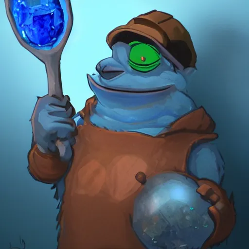 Prompt: pepe the miner with a big spoon full of blue crystals, dark cave, artstation, dramatic light, low angle