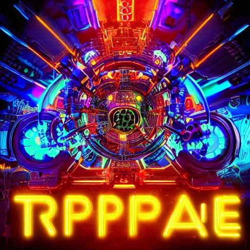 Image similar to album art, the album is called tripmachine, trance music, a huge steampunk mechanic machine with many loudspeakers and gears and tubes and wires, 8 k, fluorescent colors, halluzinogenic, multicolored, blue neon accents, exaggerated detailed, front shot, 3 d render, octane