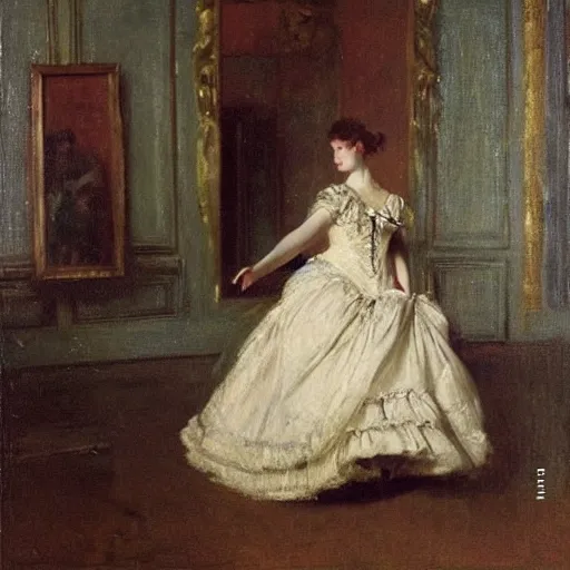 Prompt: a young woman in a ball gown dancing by alfred stevens