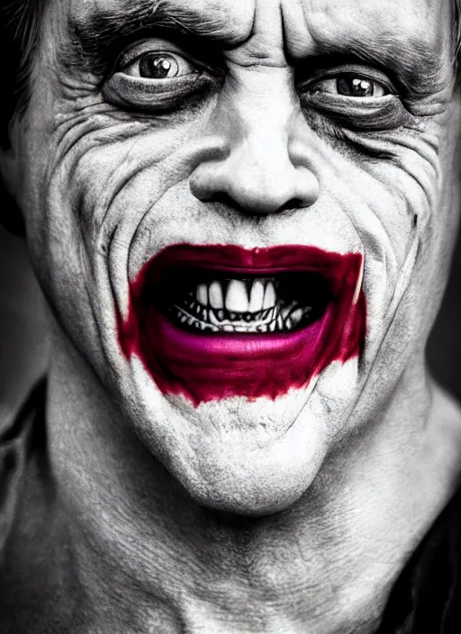 Prompt: photo of Mark Hamill as the Joker by Lee Jeffries, horror, big smile, detailed, award winning, Sony a7R, trending on artstation