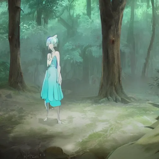 Image similar to concept art painting of a white demon wearing a turquoise dress, in the deep forest, realistic, detailed, cel shaded, in the style of makoto shinkai and greg rutkowski and james gurney