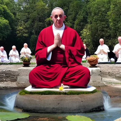 Image similar to Pope Francis becoming a Buddhist monk and meditating in the lotus pose