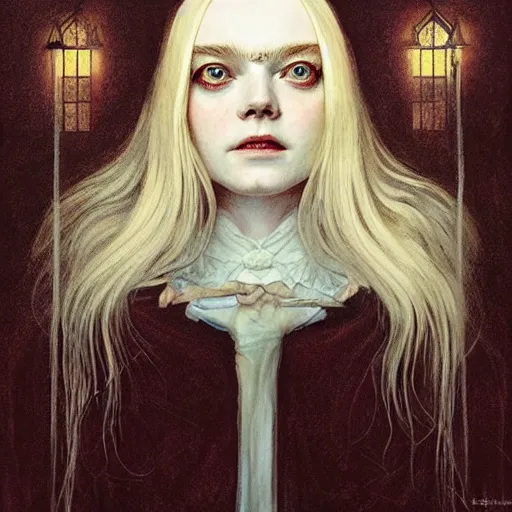 Image similar to symmetry!! portrait of elle fanning as a vampire in the world of andrew wyeth, horror, fashion, dark!! intricate, elegant, highly detailed, digital painting, artstation, concept art, smooth, sharp focus, illustration, art by artgerm and greg rutkowski and alphonse mucha