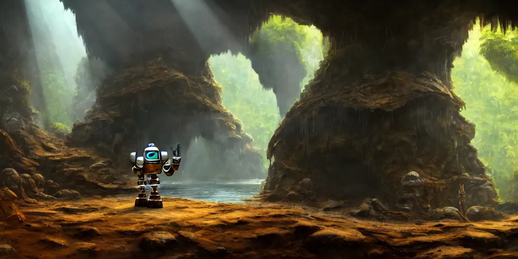 Prompt: a chrome drillbot visits a slightly rusted cave mouth in the jungle, retrofutistic, matte oil painting, science fantasy, salt, rpg, epic, extremely detailed, sharp focus, 4 k