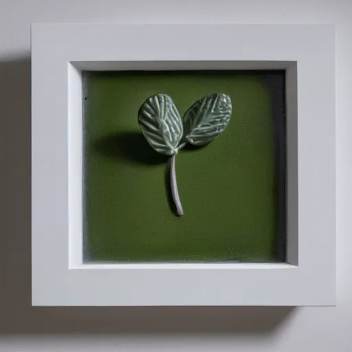 Image similar to a ceramic sculpture of some kind of plant in a square frame on a white surface with a white wall behind it and a green plant in the center