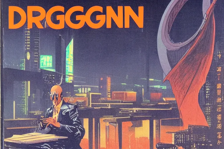 Image similar to 1979 Magazine Cover of a dragon figure at a desk with a large circular window to neo-Tokyo streets behind him. in cyberpunk style by Vincent Di Fate
