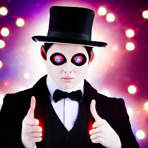 Image similar to a male magician with glowing eyes, frontal view, cool looking