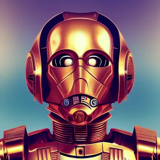 Image similar to portrait of Miley Cyrus as C3PO Star Wars droid, looking at camera, intricate, dystopian, sci-fi, extremely detailed, octane render, digital painting, concept art, smooth, sharp focus, illustration, incredible art by artgerm and greg rutkowski and alphonse mucha and simon stalenhag