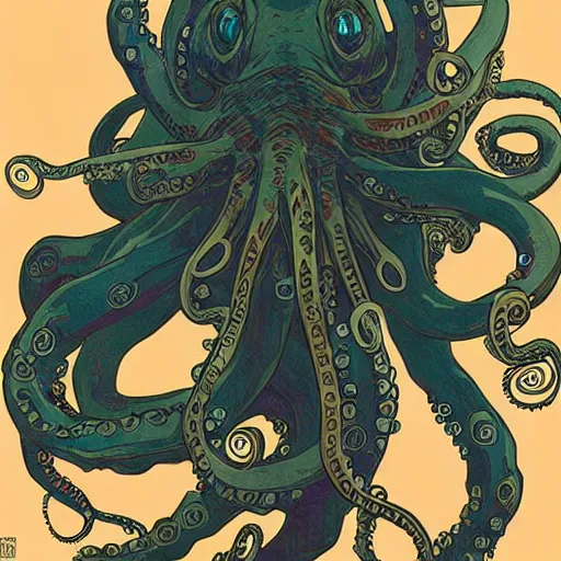 Prompt: tentacles beast octopus abysmal creature art by ashley wood, alphonse mucha, makoto shinkai, geof darrow,