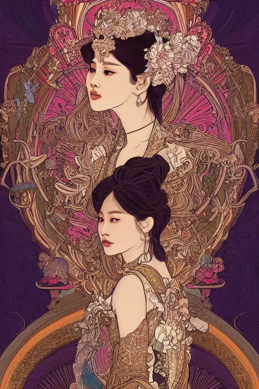 Image similar to beautiful and detailed digital illustration of thai princess by kittichai rueangchaichan, floralpunk, Artstation, art nouveau aesthetic, Alphonse Mucha background, intricate details,concept art, realistic, dramatic, detailed intricate ink illustration, heavenly atmosphere