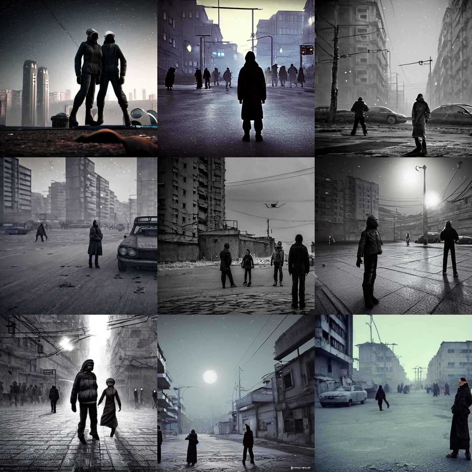 Prompt: people on the streets on a grey rock planet Soviet slum city, black sky full of stars, blinding sun, Neo Norilsk, Neo Kyiv, sci-fi, lots of flying cars, levitation, cyberpunk outfits, photorealistic, grainy, 35mm, intricate, very very beautiful, elegant, smooth, cinematic, Unreal Engine 5, by Beeple, trending on Artstation HD