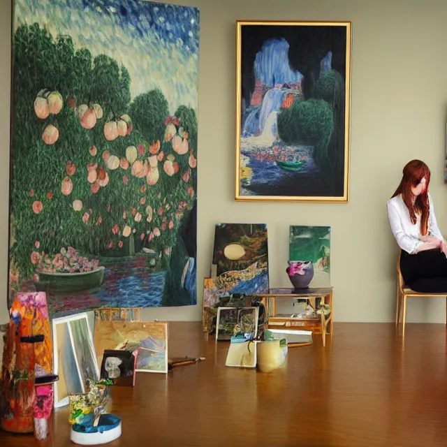 Image similar to female emo art student in her lounge room, painting of flood waters inside an artist's loungeroom, a river flooding indoors, pomegranates, pigs, ikebana, water, octopus, river, rapids, waterfall, black swans, canoe, berries, acrylic on canvas, surrealist, by magritte and monet